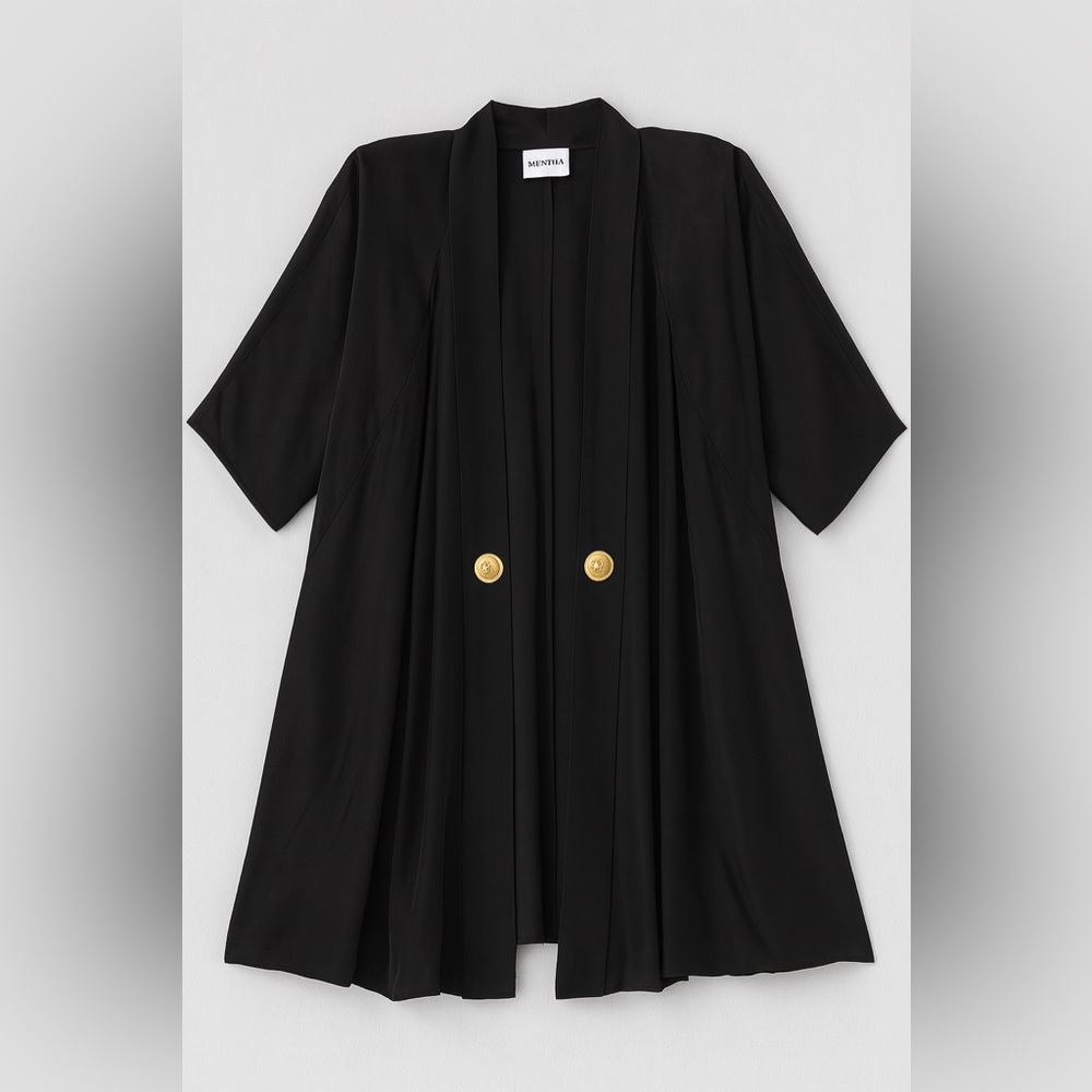 Sheena • Black Duster Blazer Gold Button Lightweight Topper Jacket EUC